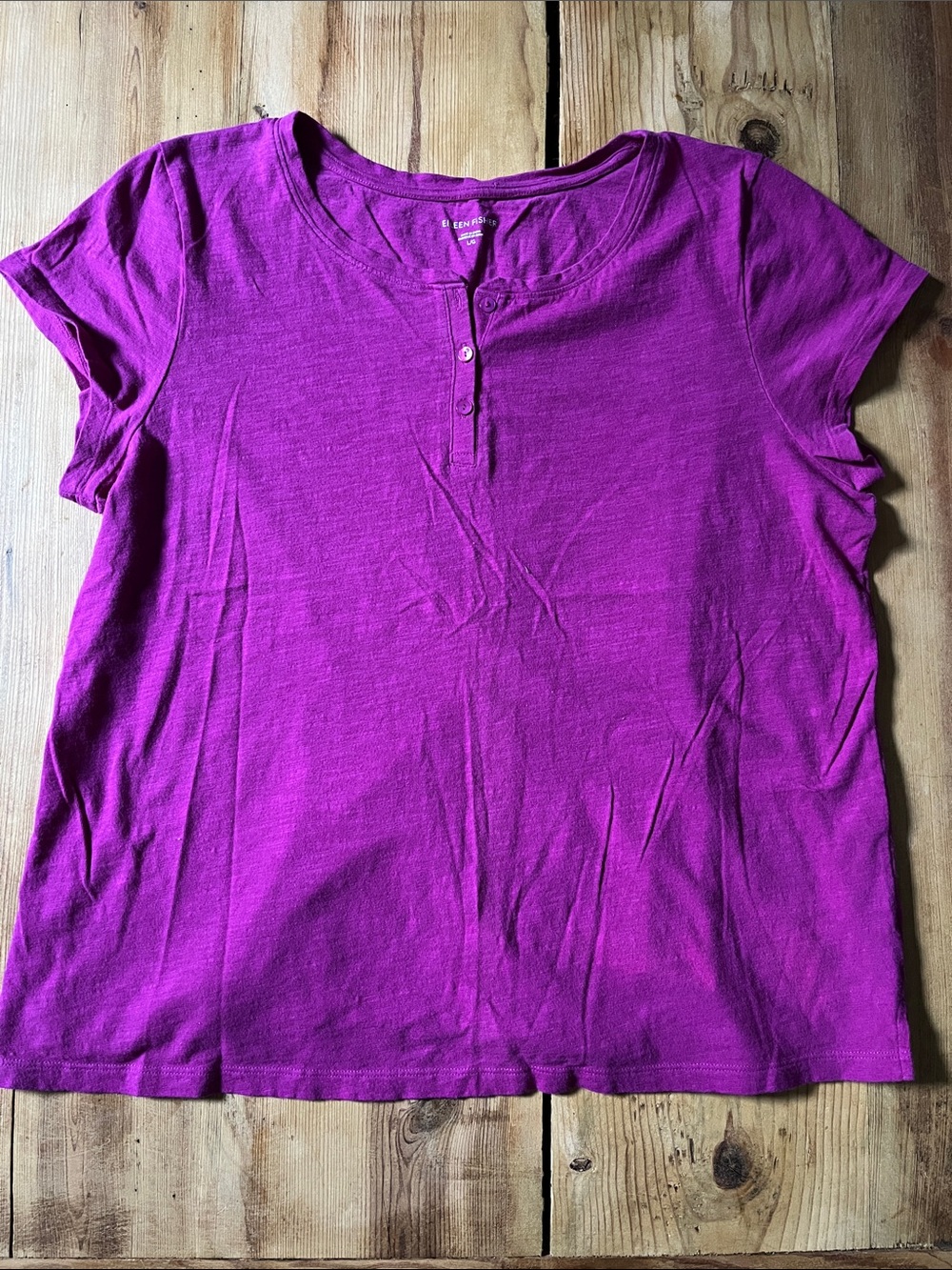 EILEEN FISHER L Raspberry Short Sleeve Knit Henley Top Shirt 100% Organic Cotton